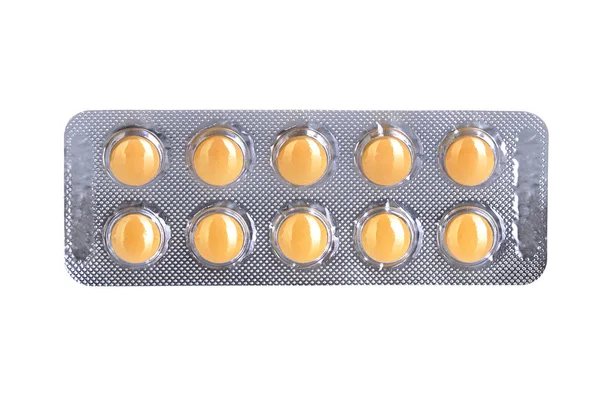Pillen in blisterverpakkingen geïsoleerd op witte achtergrond — Stockfoto