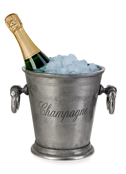 Bottle of champagne  in ice bucket with stemware isolated on white background — Stock Photo, Image