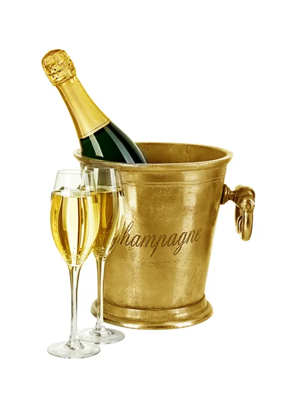 Garrafa de champanhe em balde de gelo isolado sobre fundo branco — Fotografia de Stock