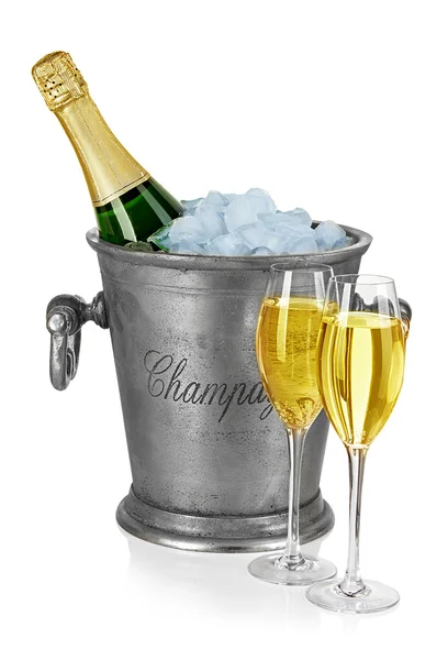 Bottle of champagne in ice bucket isolated on white background — Stock Photo, Image