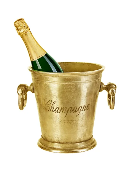 Bottle of champagne in ice bucket isolated on white background — Stock Photo, Image