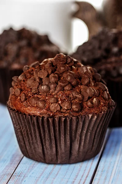 Homemade chocolate muffins in paper cupcake holder — Stock Photo, Image