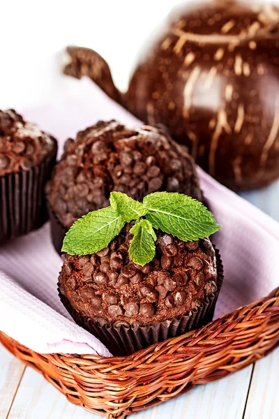 Homemade chocolate muffins in paper cupcake holder — Stock Photo, Image