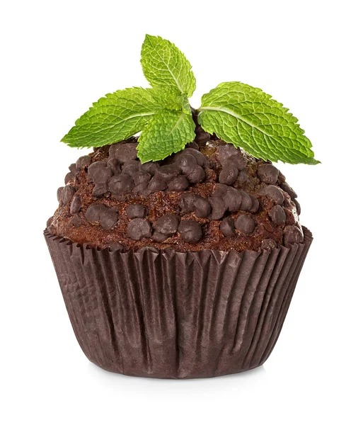 Muffin, chocolate cake with mint isolated on white background — Stock Photo, Image