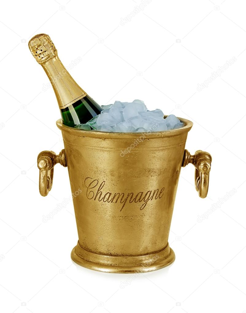 Bottle of champagne  in ice bucket with stemware isolated on white background