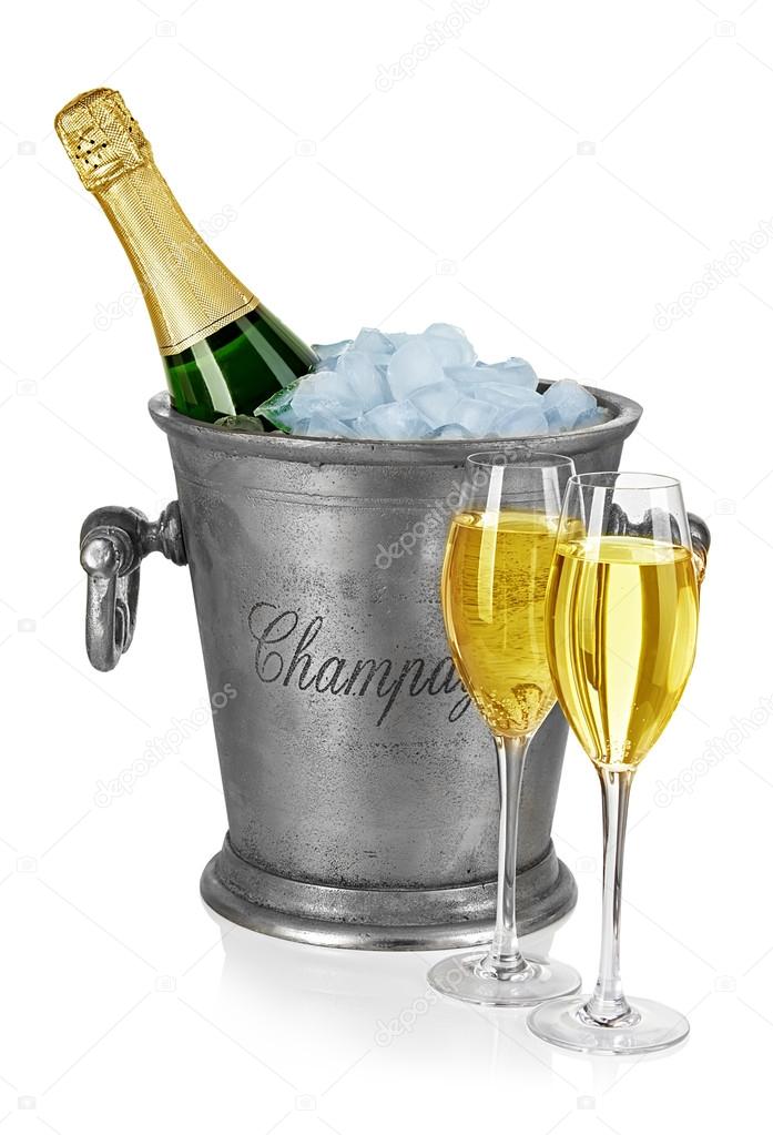 Bottle of champagne in ice bucket isolated on white background