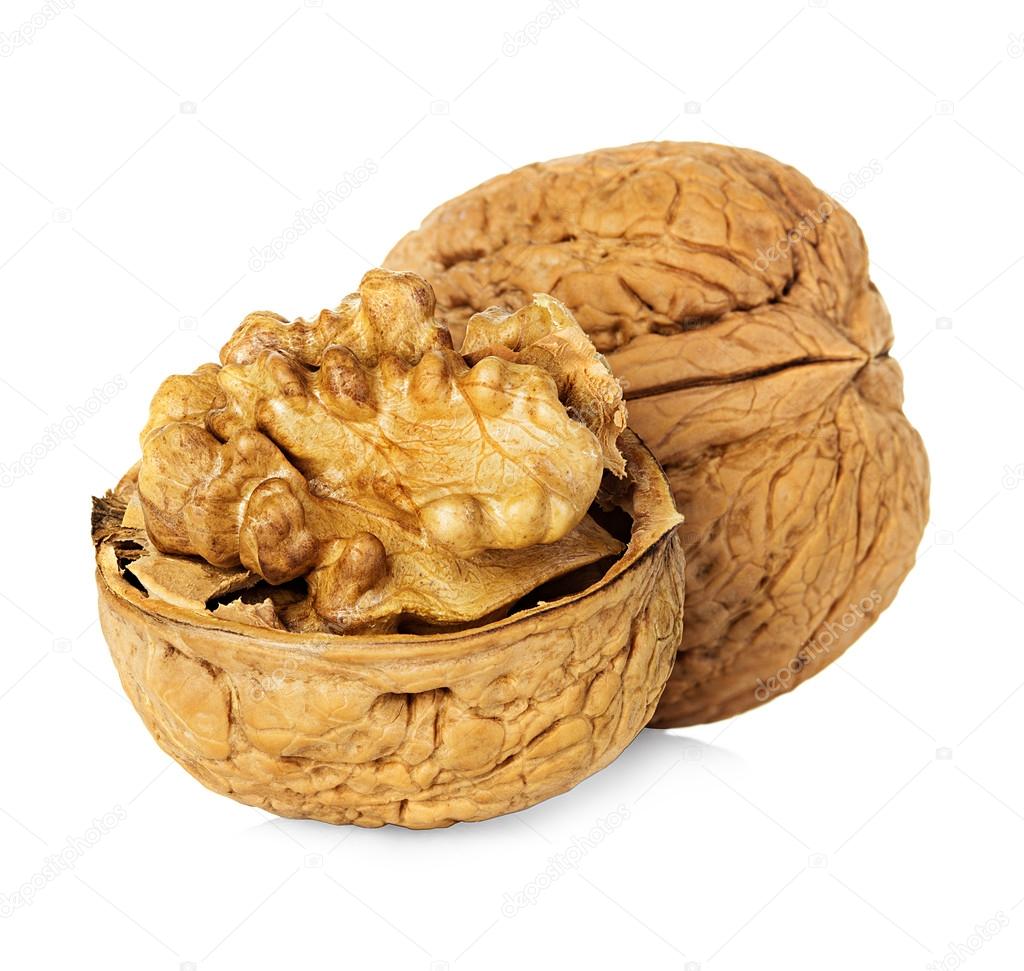 Half walnut kernel and whole walnut isolated on white background