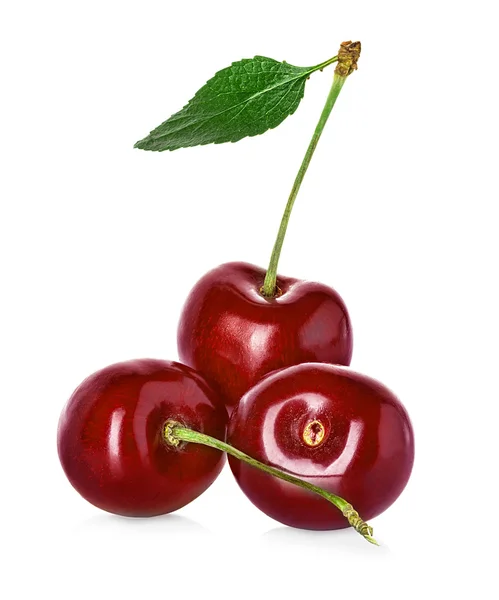 Juicy sweet cherry with leaf isolated on white background — Stock Photo, Image
