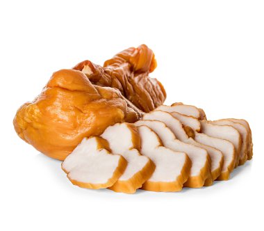 Chicken fillet smoked whole and sliced isolated.