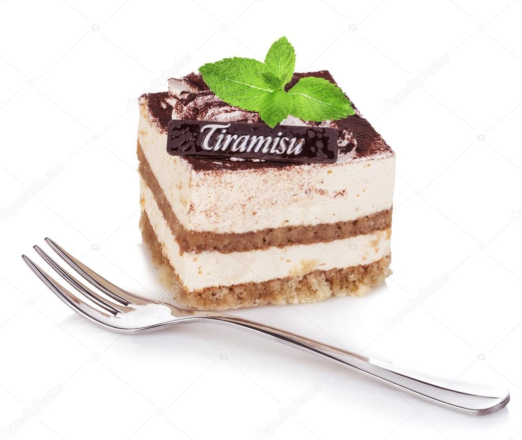Tiramisu dessert decorated with mint leaves close-up on a white background.