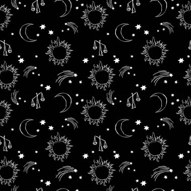 Aylı, güneşli ve yıldızlı mistik bir şablon. kozmik gökyüzü. 