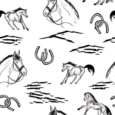 Kusursuz duvar kağıdı deseni. Koşan atlar el çizimi tarzında.. 