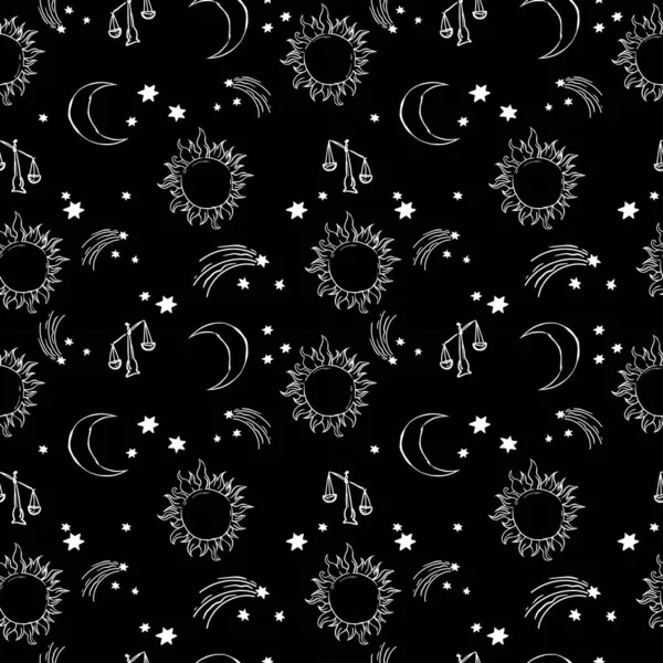 Alchimie Motif Mystique Avec Lune Soleil Étoiles Ciel Cosmique — Image vectorielle
