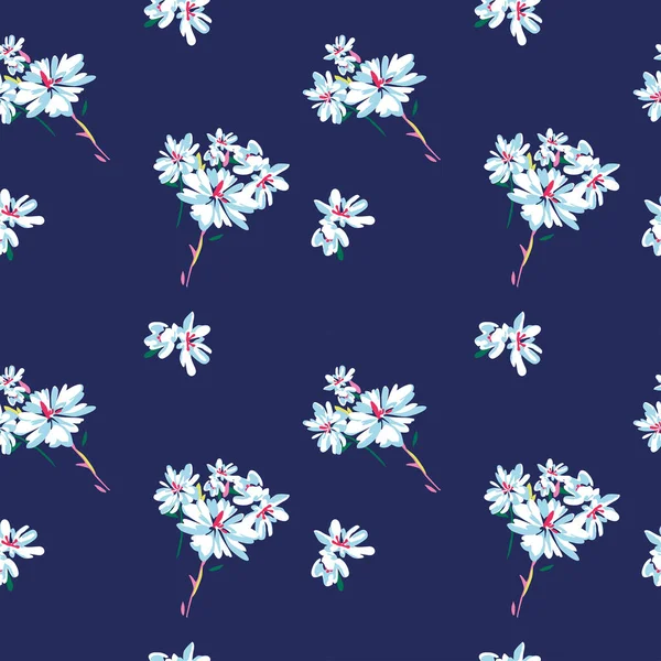 Padrão Sem Costura Ector Com Flores Simples Doodle Fundo Azul — Vetor de Stock