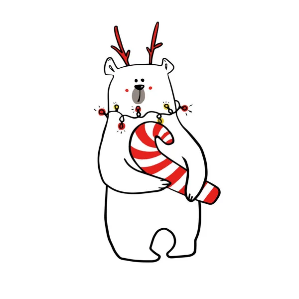 Lindo Oso Blanco Divertido Traje Navidad — Vector de stock