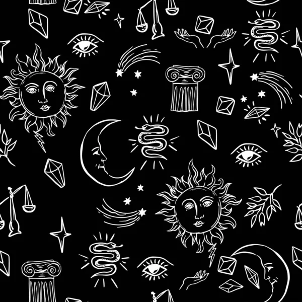 Sihirli özellikleri, güneş ve ay, tarot sembolleri olan kusursuz bir el çizimi. Wiccan kusursuz desen. Cadılık vektör illüstrasyonu el çizimi tarzında. Cadılar bayramı için şeyler.