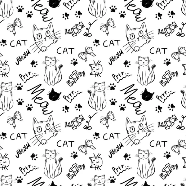 Cute Cartoon Vector Cat Pet Iconos Patrón Sin Costuras Fondo — Vector de stock