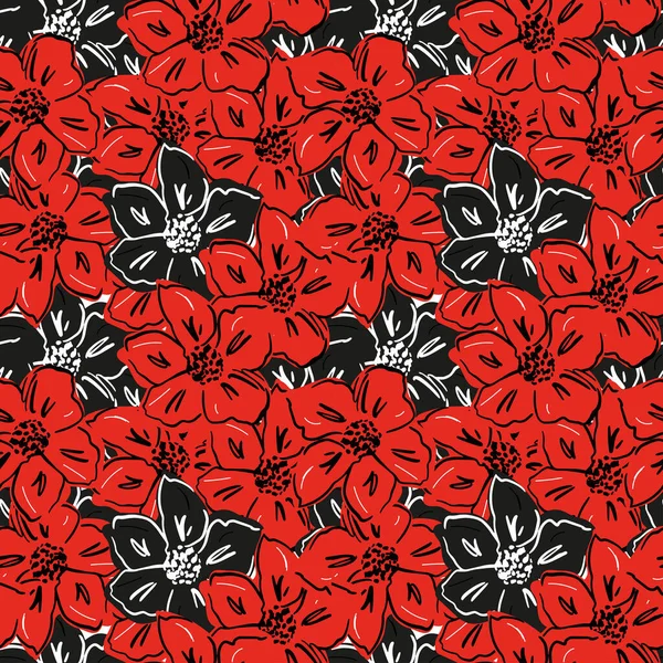 Fondo Dibujado Mano Sin Costuras Con Flores Rojas Negras Impresión — Vector de stock