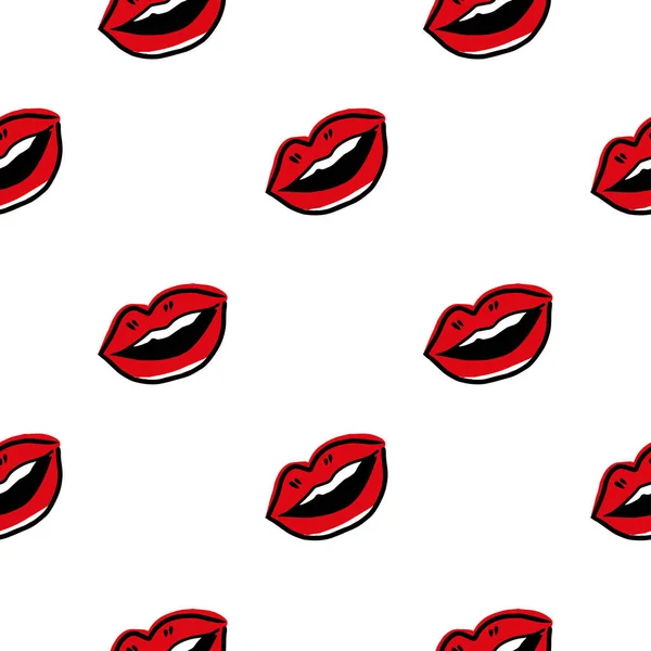 可爱的嘴唇图案 矢量无缝图案与妇女的红色亲吻扁平嘴唇 与白种人隔离 — 图库矢量图片
