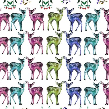 Geyikler ve çiçeklerle suluboya tarzında Vintage desen