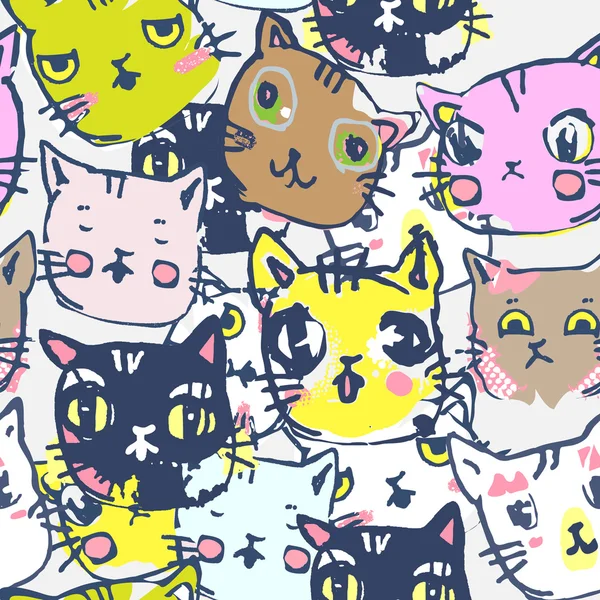 Vector sem costura engraçado fundo com gatinhos no estilo dos desenhos animados —  Vetores de Stock