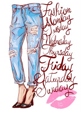 moda illüstrasyon mavi Jeans femail bacak