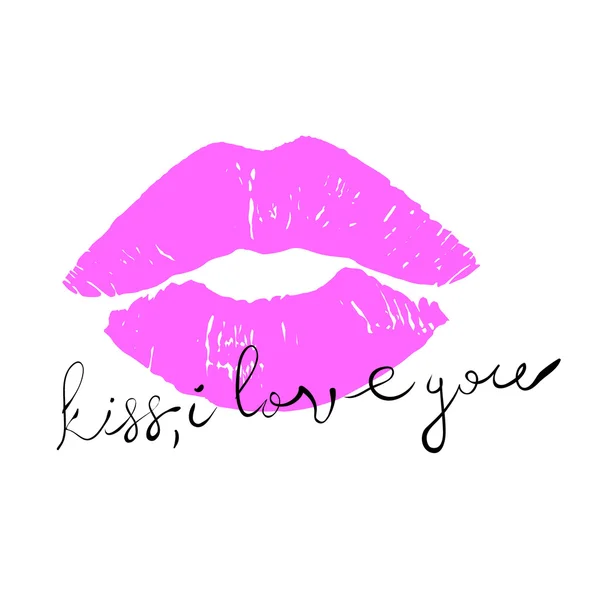 Beso de lápiz labial con texto-beso, te amo mano drawn\ San Valentín — Vector de stock