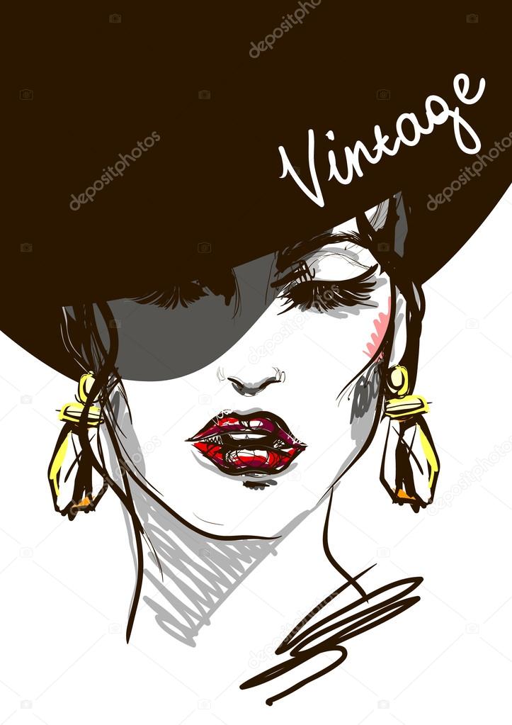 fashion illustration of beautiful young woman in vintage style