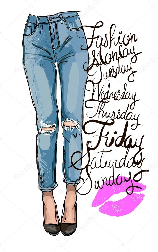 fashion illustration of femail legs in blue skinny jeans