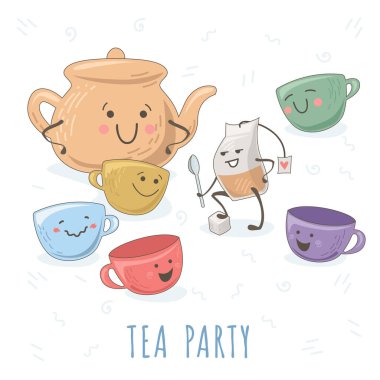 Illustrations with funny dishes. Brave tea bag telling story to teapot and teacups. Cute images of citchen dish. Tea party figures