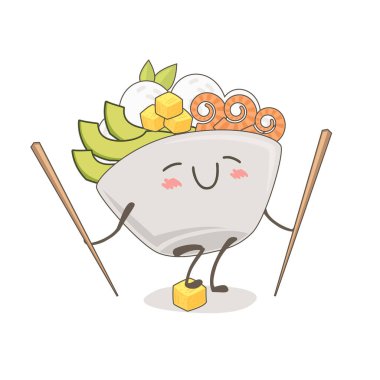 Poke kasesinin güzel çizimi. Kawaii yemek illüstrasyonu. Yemek çubuklarıyla gülen yemek kasesi
