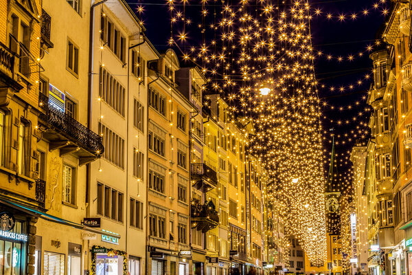 Zurich, Switzerland December - 26. 2019: The Christmas illumination in downtown of the financial metroplolitan city Zurich.