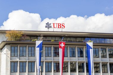 Zurich, Switzerland - April 19, 2021. UBS bank in the Swiss financial center of Zurich city. UBS Bank is the largest Swiss bank which is active globally. clipart