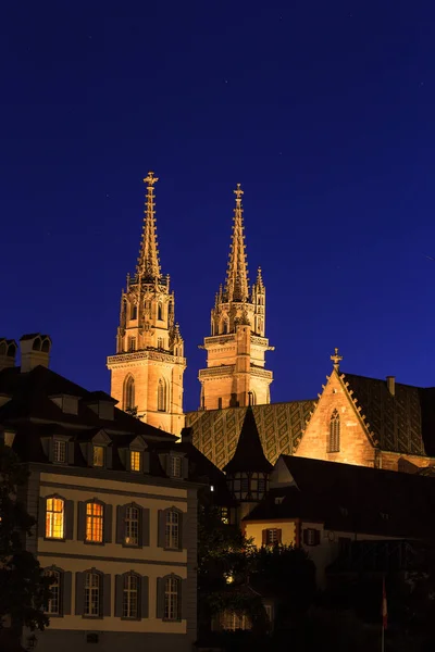 Twin Tower Basel Cathedral Blue Night Sky — Stock Photo, Image