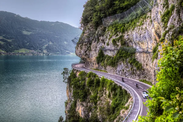 Die Spektakuläre Autobahn Der Steilküste Thunersee Schweizer Alpenraum Hdr Version — Stockfoto