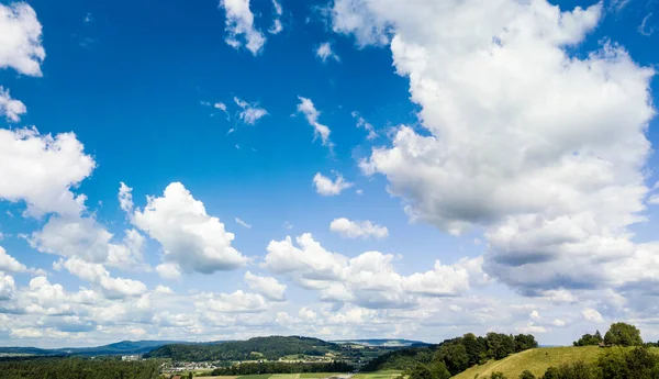 Panorama Horizon Dramatic Clouds Blue Sunny Sky Farming Field Foreground — Stock Photo, Image