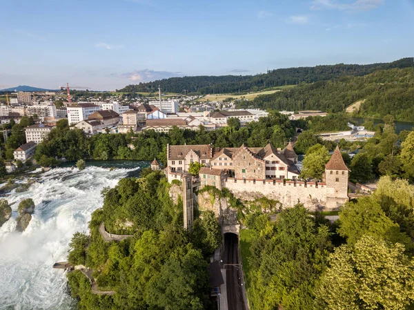 Citra Udara Dengan Drone Atas Rhine Falls Dan Castle Laufen — Stok Foto