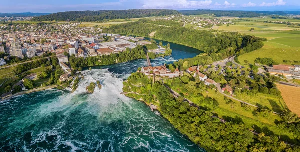 Panorama Udara Dengan Drone Dari Rhine Falls Dengan Kastil Schloss — Stok Foto