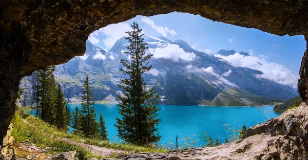 Beautiful Panorama View Curvy Rock Hiking Path Oeschinensee Lake Kandersteg —  Fotos de Stock