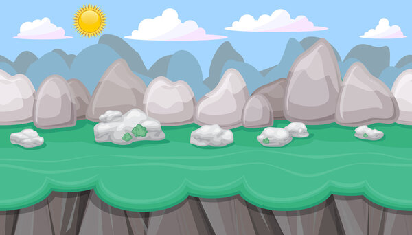 Seamless editable mountainous landscape with boulders for game design