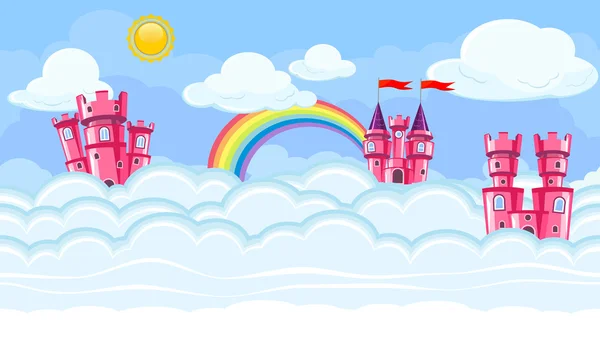 Paisaje celeste editable sin fisuras con castillos rosados para el diseño del juego — Vector de stock