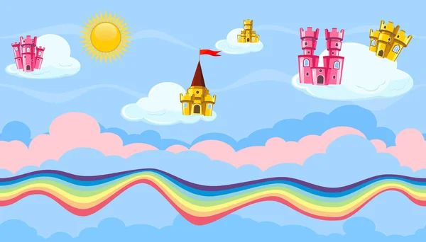 Paysage nuageux céleste modifiable sans couture avec des châteaux colorés et arc-en-ciel pour la conception de jeux — Image vectorielle