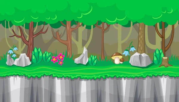 Paisaje forestal de verano sin fisuras con rocas y champiñones marrones para el diseño del juego — Vector de stock