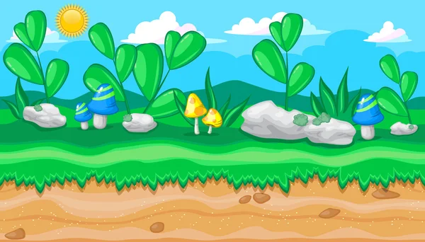 无缝夏季草甸景观大石头和游戏设计的蓝蘑菇 — 图库矢量图片