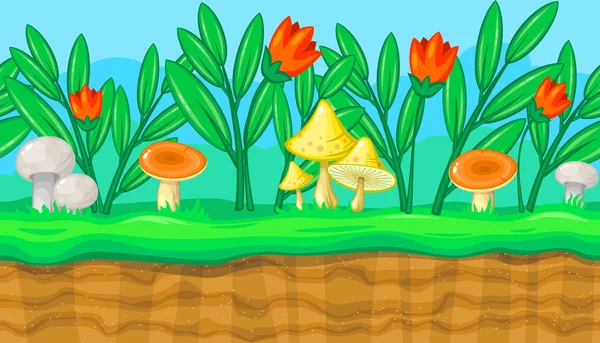 Paysage de prairie d'été sans couture avec des fleurs rouges et des champignons pour la conception de jeux — Image vectorielle