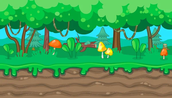 Paisaje forestal de verano sin fisuras con setas de naranja para el diseño del juego — Vector de stock