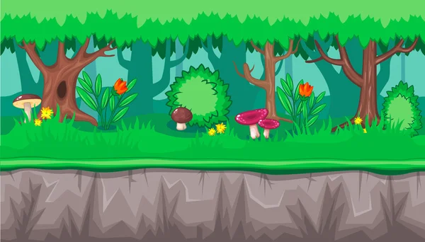 Hutan musim panas yang mulus dengan jamur merah muda untuk desain game - Stok Vektor