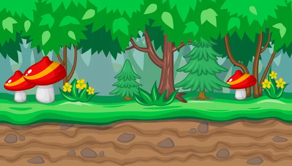 Άνευ ραφής καλοκαίρι δάσος τοπίο με κόκκινα μανιτάρια και έλατα για το σχεδιασμό παιχνίδι — Διανυσματικό Αρχείο