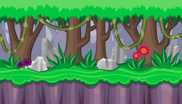 Безшовний лісовий пейзаж з фіолетовими грибами для ігрового дизайну — стоковий вектор