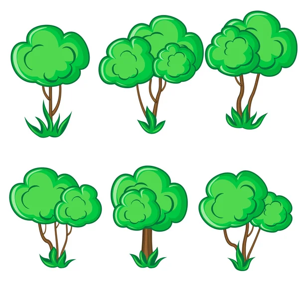 Set of six young smooth trees with grass — Stock Vector